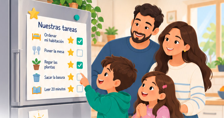 Familia revisando una hoja impresa de tareas y recompensas colocada en la nevera